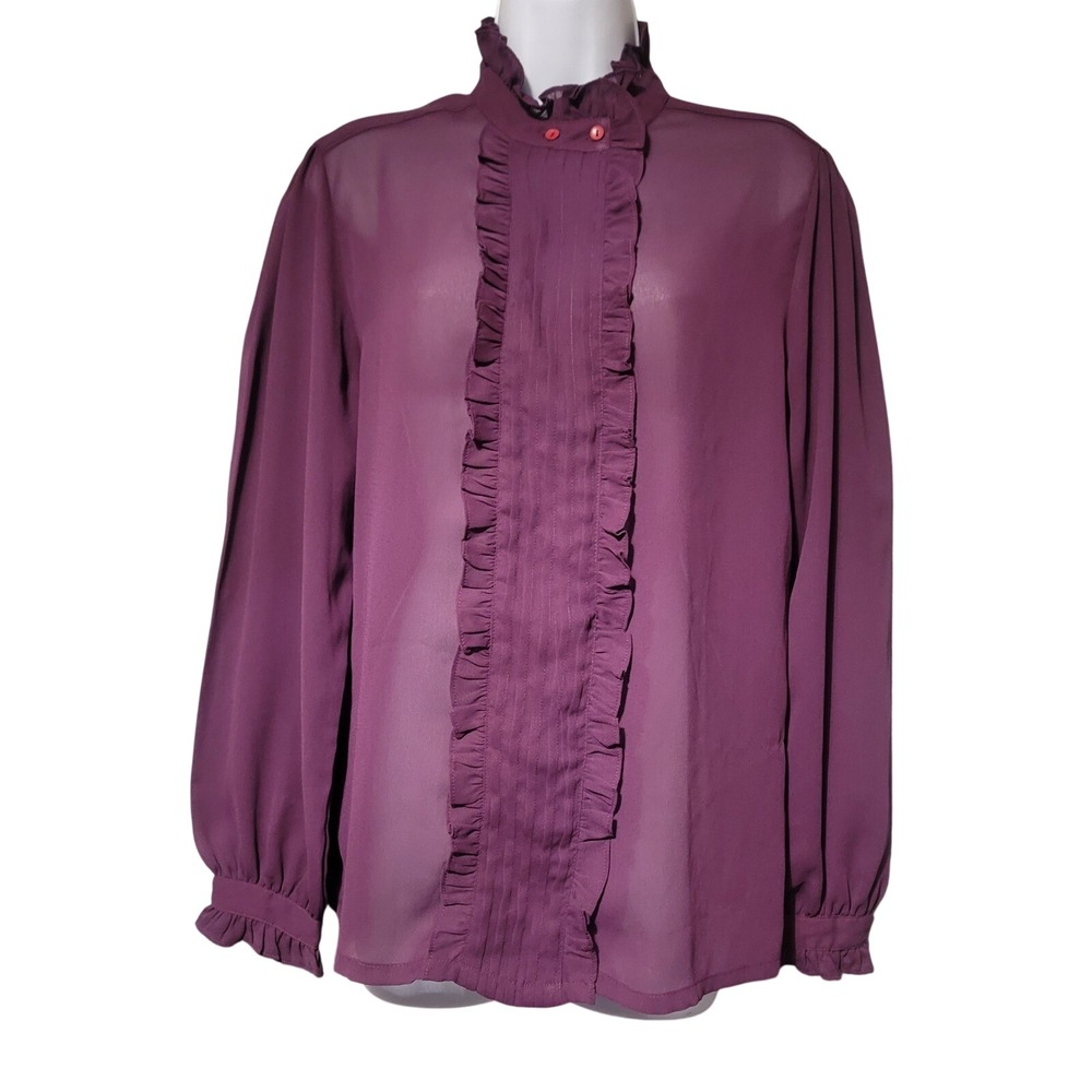 Vintage Montgomery Ward Purple Ruffle High Neck Sheer Blouse Top Size 10‎ Plum